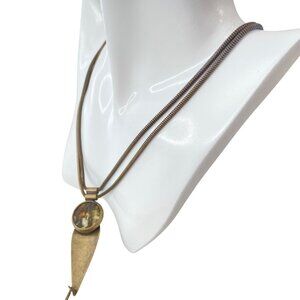 Y2K Revival Kien Canadian Montreal Modernist Brass-Tone Pendant Necklace W/ Resi